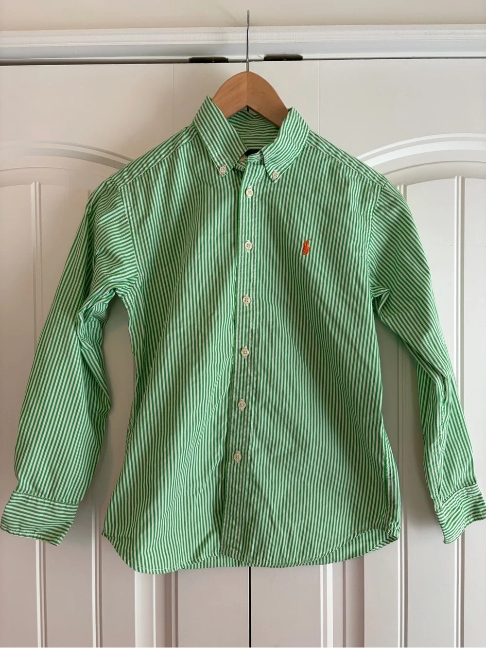Ralph Lauren Boys Sz M 10-12 Long Sleeve Green / White Stripe Shirt Button Down